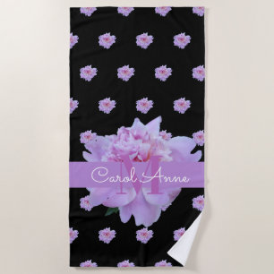 Pink Peony Floral Monogram Purple Black Beach Towel