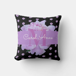 Pink Peony Floral Monogram Purple Black Cushion