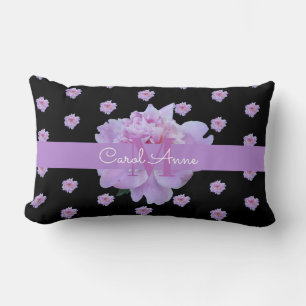 Pink Peony Floral  Monogram Purple Black Lumbar Cushion