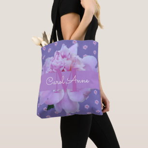 Pink Peony Floral Monogram Purple Tote Bag