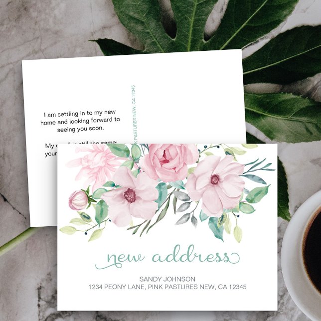 Pink Peony Floral My New Address Announcement Postcard (New Address postcard with pretty pink peony rose flowers)
