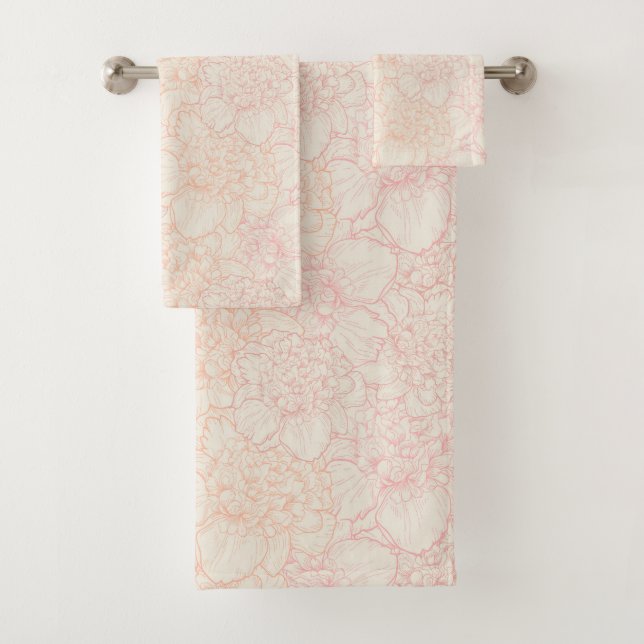 Pink Peony Floral Pattern Bath Towel Set (Insitu)