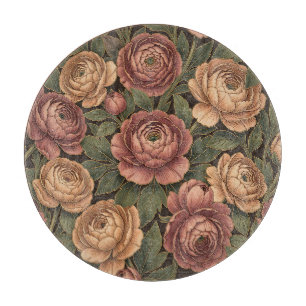 Pink Peony Floral Pattern Dark Background Gold Cutting Board
