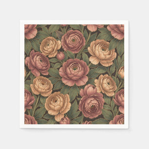 Pink Peony Floral Pattern Dark Background Gold Napkin