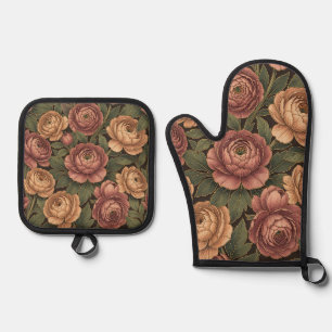 Pink Peony Floral Pattern Dark Background Gold Oven Mitt & Pot Holder Set