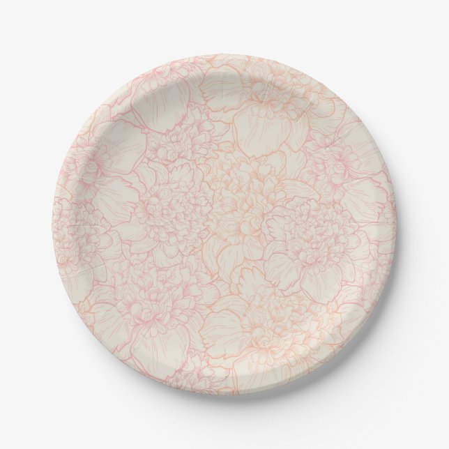 Pink Peony Floral Pattern Paper Plate (Front)