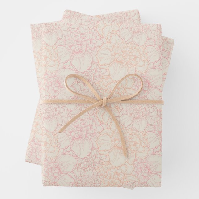 Pink Peony Floral Pattern Wrapping Paper Sheet (In situ)
