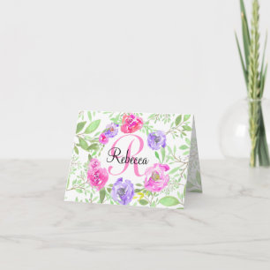 Pink Peony Floral Watercolor Monogram Note Card