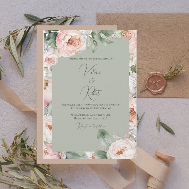 Pink Peony Floral Watercolor Sage Modern Wedding  Invitation (Creator Uploaded)