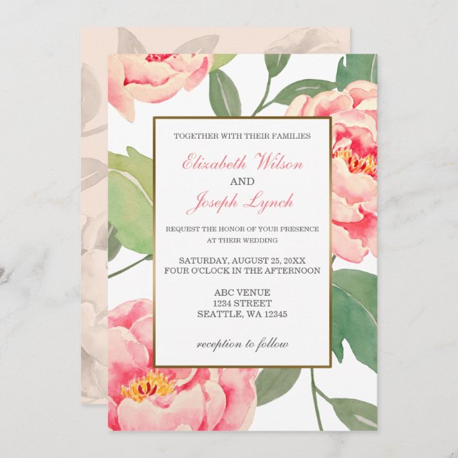 Pink Peony Floral wedding invitations (Front/Back)