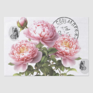 Pink Peony Flower Butterfly French Postmark Craft  Tissue Paper