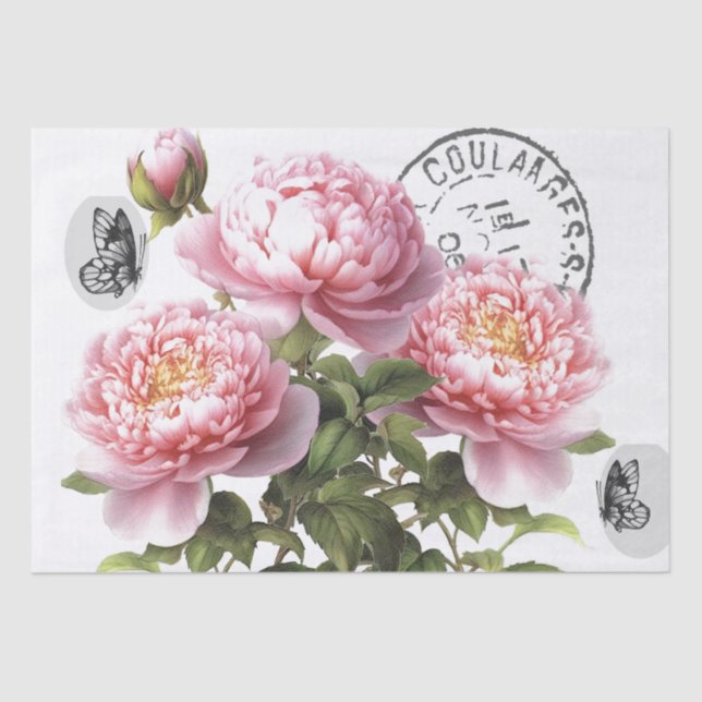 Pink Peony Flower Butterfly French Postmark Craft  Tissue Paper (Front)