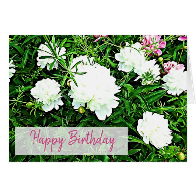 Pink Peony Flower Happy Birthday Card (Front Horizontal)