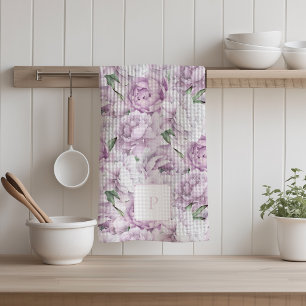 Pink Peony Flower Mongrammed  Tea Towel