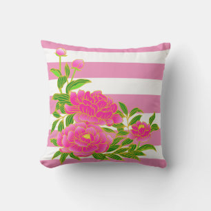 Pink Peony Flower on Striped Background Summer Cushion