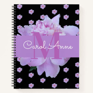 Pink Peony Flower Purple Monogram Black Notebook