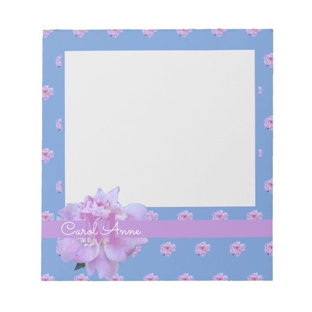Pink Peony Flower Purple Monogram Blue Post-it Not Notepad (Front)