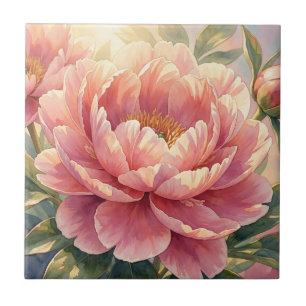 Pink Peony Flower Vintage Watercolor Botanical Ceramic Tile