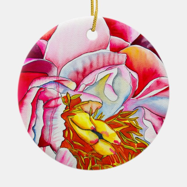 Pink peony flower watercolor ceramic ornament (Front)