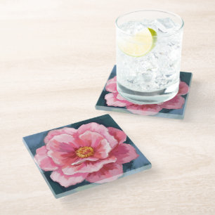 Pink Peony Flower Watercolor Floral Glass Coaster