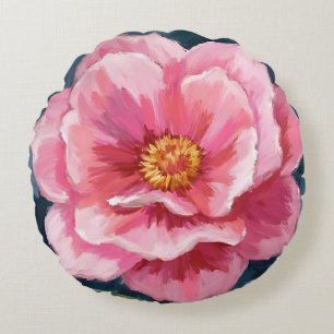 Pink Peony Flower Watercolor Floral Round Cushion