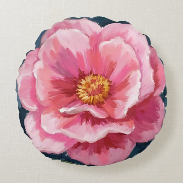 Pink Peony Flower Watercolor Floral Round Cushion (Front)