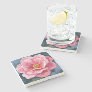 Pink Peony Flower Watercolor Floral Stone Coaster