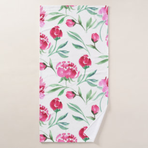 Pink peony flower watercolor seamless pattern bath towel