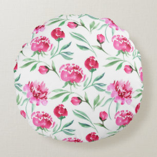 Pink peony flower watercolor seamless pattern round cushion