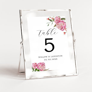 Pink Peony Flower Wedding Table Number