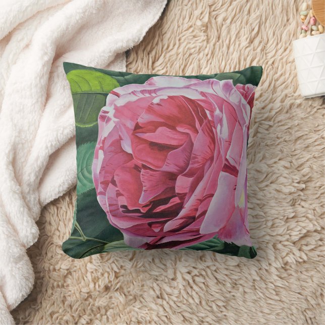 Pink Peony flower with green leaves, solid back, Cushion (Blanket)