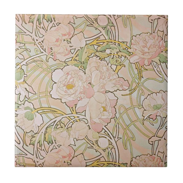 Pink Peony Flowers Alphonse Mucha Ceramic Tile (Front)