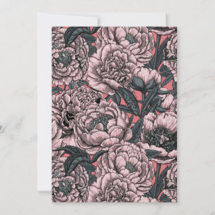 Pink peony flowers and moths