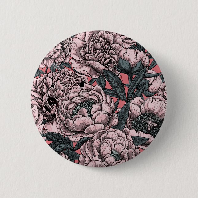 Pink peony flowers and moths 6 cm round badge (Front)