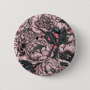 Pink peony flowers and moths 6 cm round badge