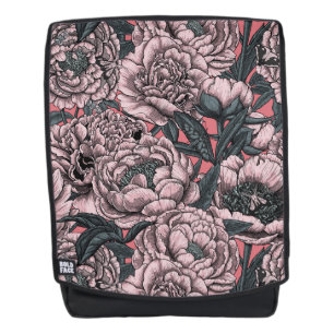 Pink peony flowers and moths backpack