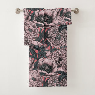 Pink peony flowers and moths bath towel set