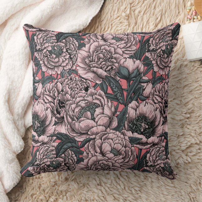 Pink peony flowers and moths cushion (Blanket)