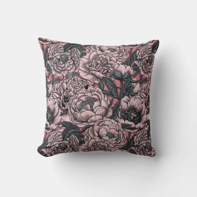 Pink peony flowers and moths cushion (Front)