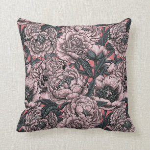 Pink peony flowers and moths cushion