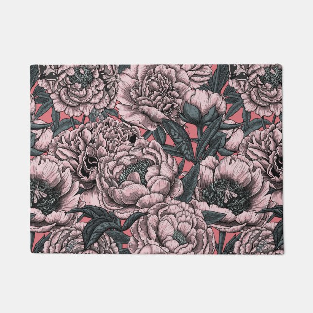Pink peony flowers and moths doormat (Front)