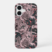 Pink peony flowers and moths