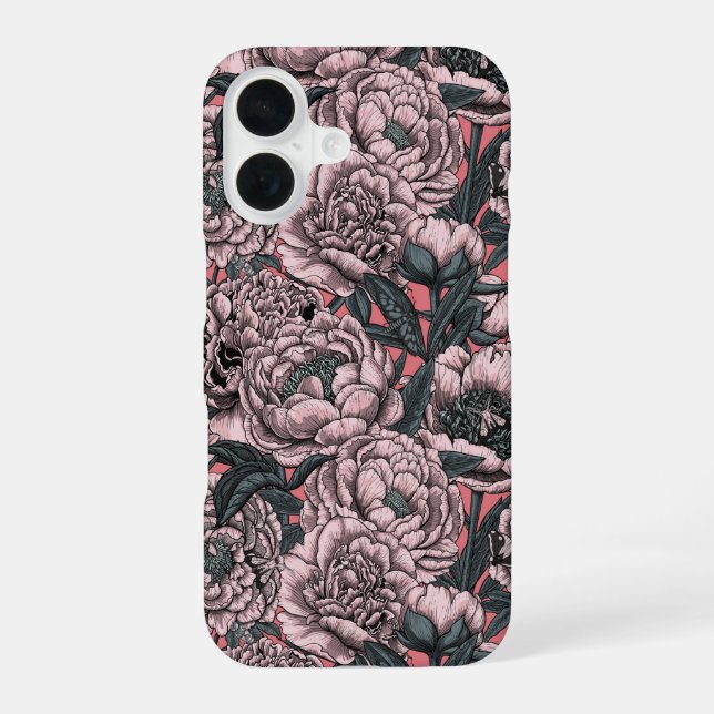 Pink peony flowers and moths iPhone 16 case (Back)