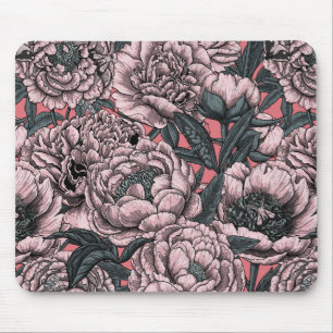Pink peony flowers and moths mouse pad