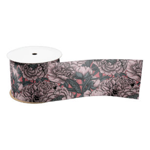 Pink peony flowers and moths satin ribbon