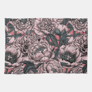 Pink peony flowers and moths tea towel