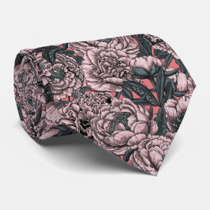 Pink peony flowers and moths tie