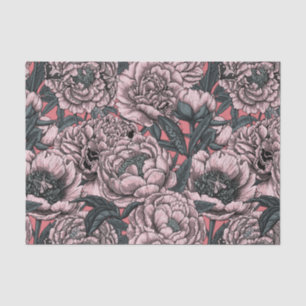 Pink peony flowers and moths tissue paper