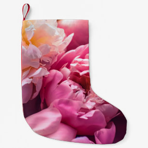 Pink peony flowers as floral art background, botan small christmas stocking