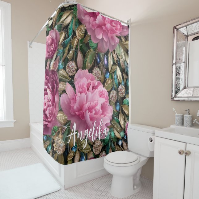 Pink Peony Flowers Custom Name Shower Curtain (In Situ)